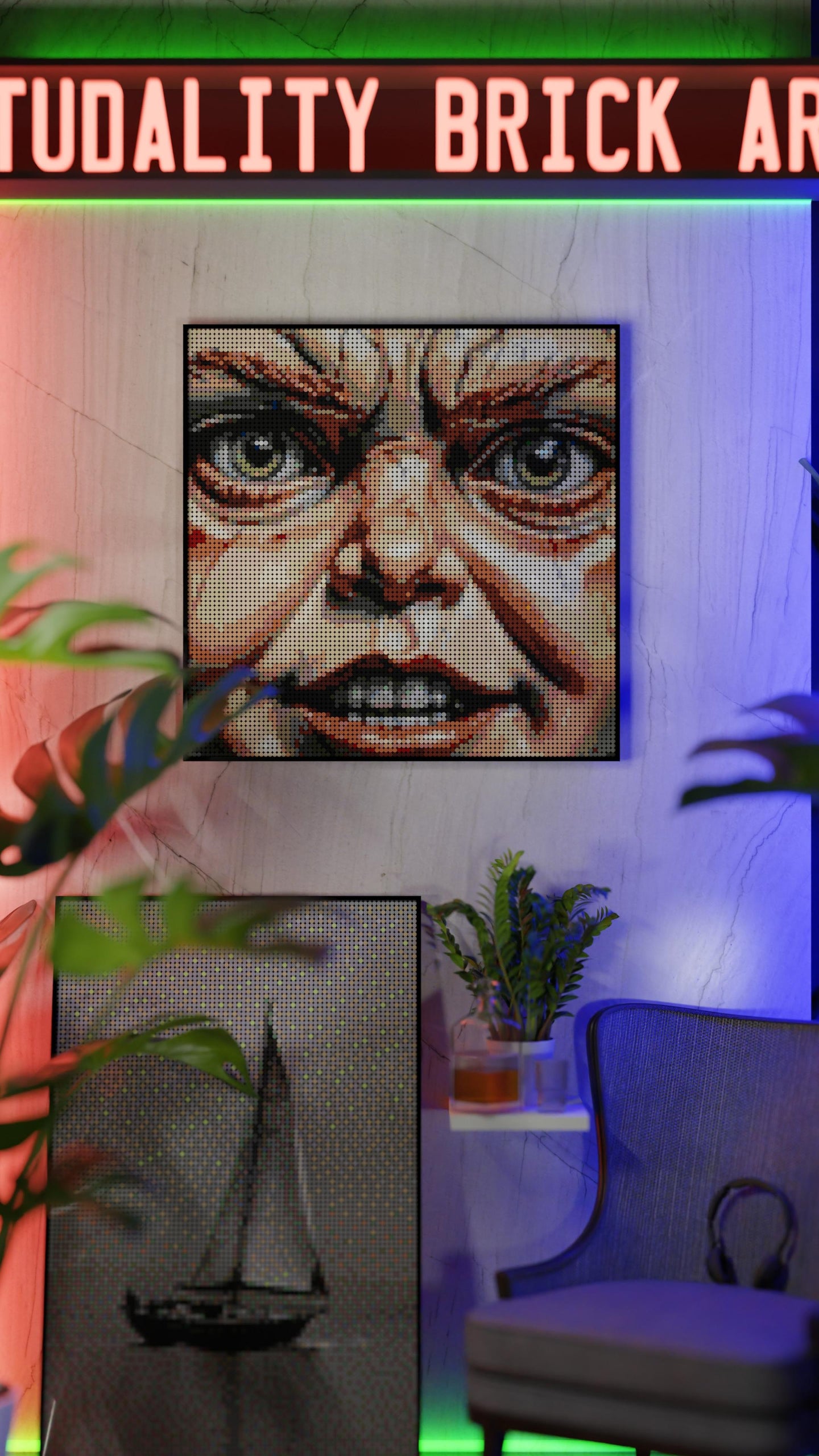 Malevolent Marionette LEGO® Style mosaic wall art made from colorful plastic bricks